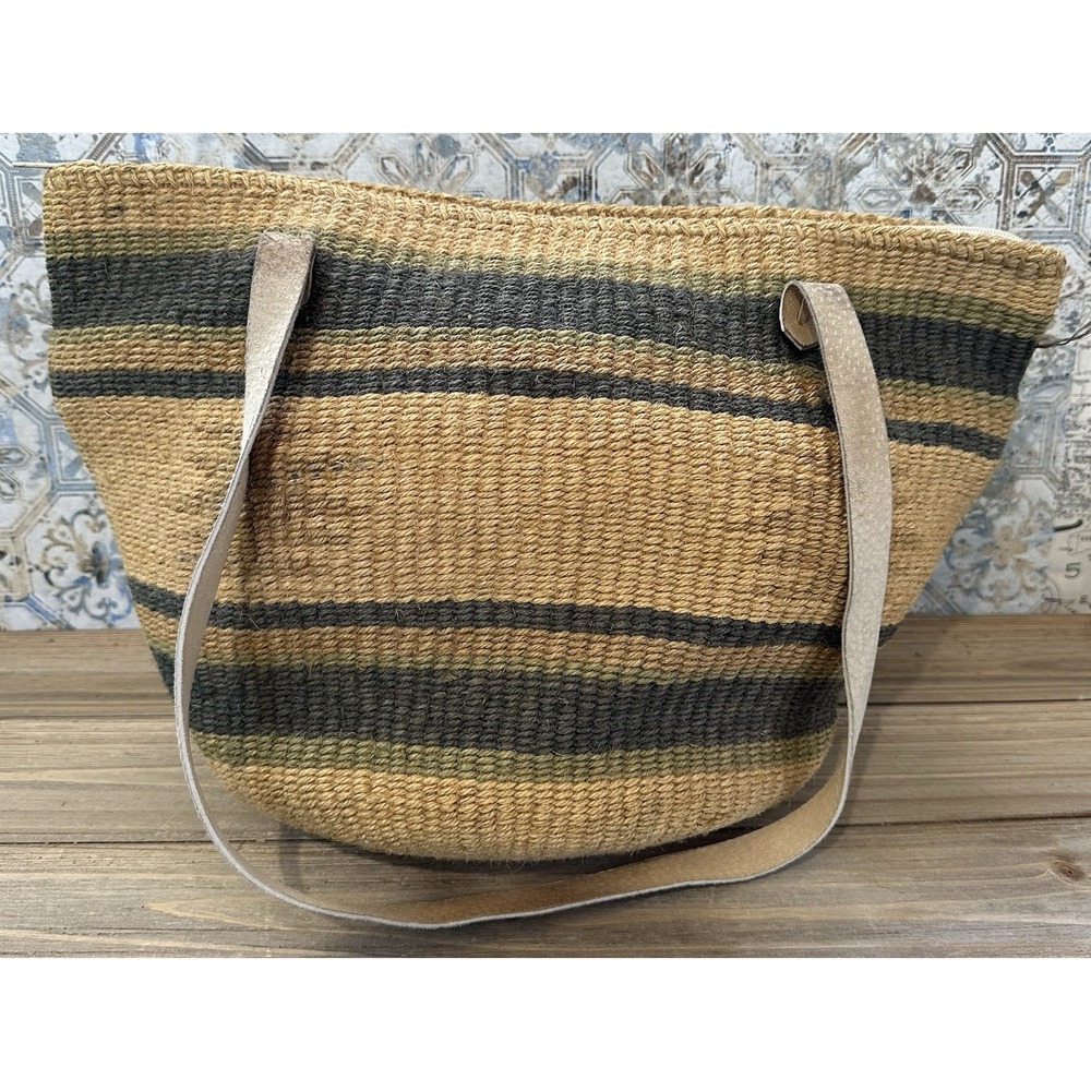 Apri Thistle Bucket Tote Jute Striped Handbag Women Medium Natural Excellent